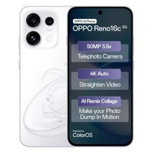 Oppo Reno16c 5G (Starry White, 8GB, 128GB) | 3D Design | 50MP 3.5X Telephoto Camera | 4K Video | AI Remix Collage | 7000mAh 80W SUPERVOOC | ColorOS 16 | IP69K | Dimensity 7300
