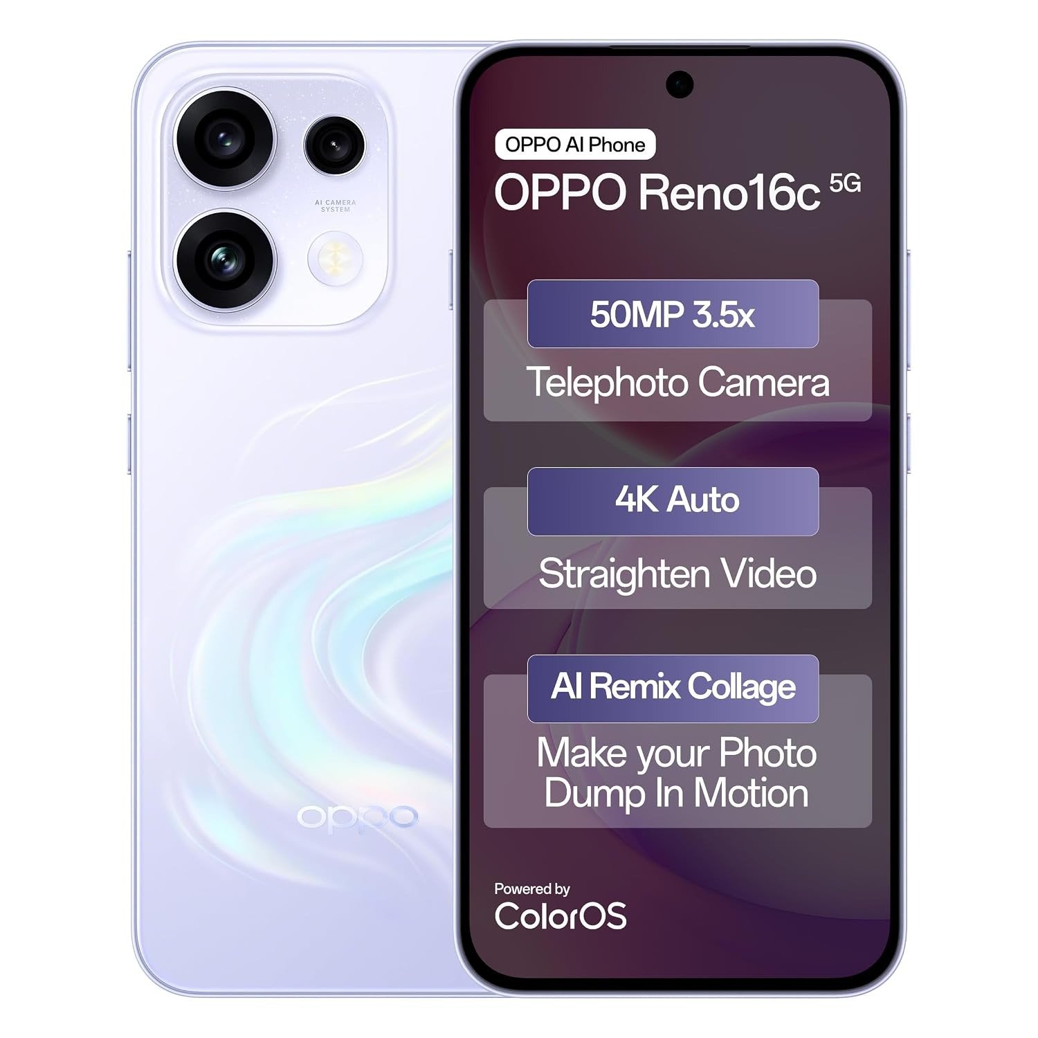 Oppo Reno16c 5G (Starry White, 8GB, 128GB) | 3D Design | 50MP 3.5X Telephoto Camera | 4K Video | AI Remix Collage | 7000mAh 80W SUPERVOOC | ColorOS 16 | IP69K | Dimensity 7300 - Image 3